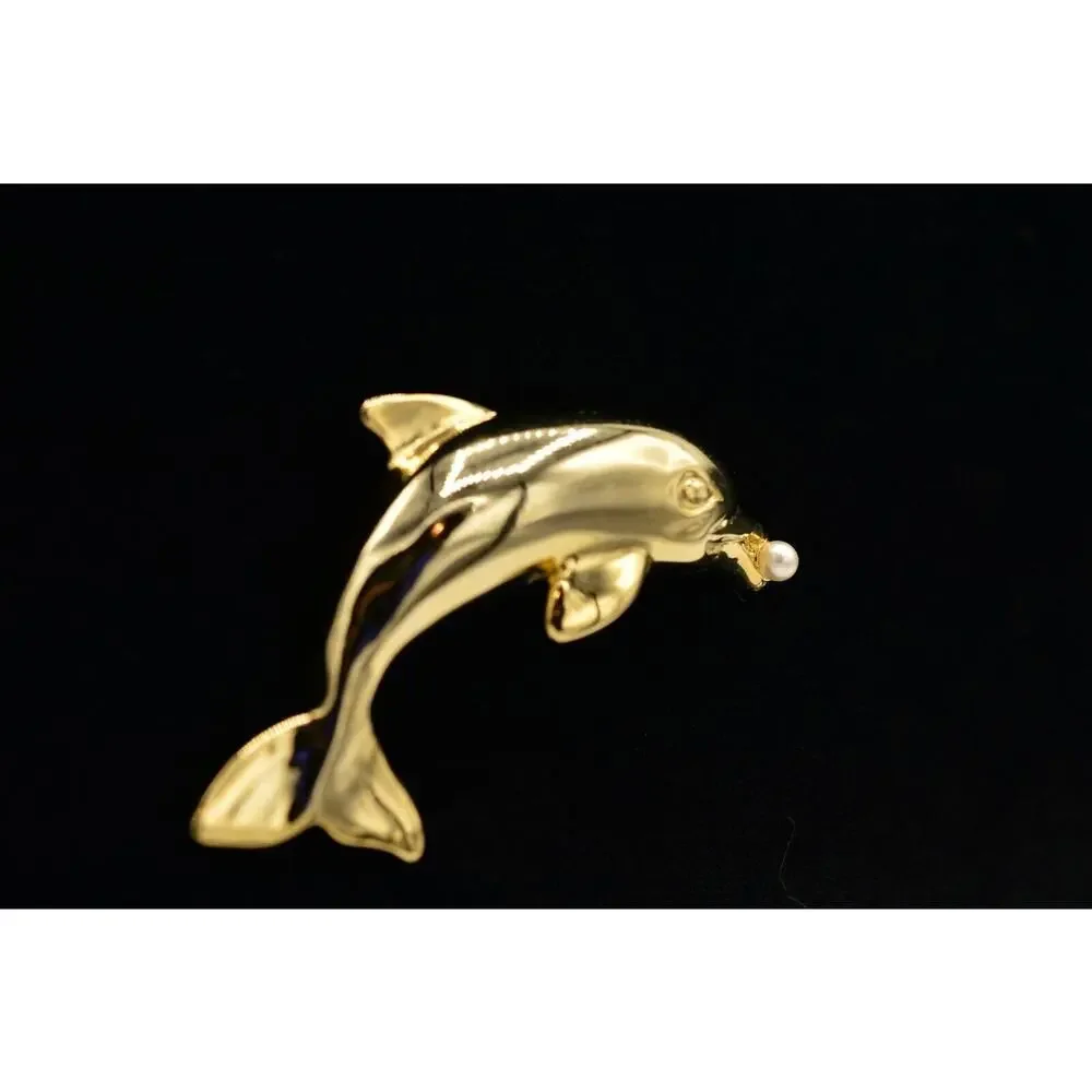 Vintage Figural Dolphin Pin Brooch Pearl Gold Tone 2.5